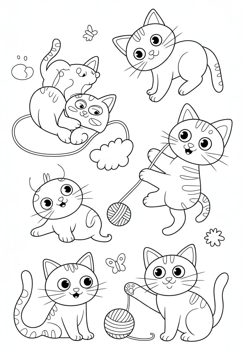 Printable Cute Cat Coloring Pages 20 Best Designs for All Ages 27 A group of playful cats in different poses with yarn balls and butterflies around them.